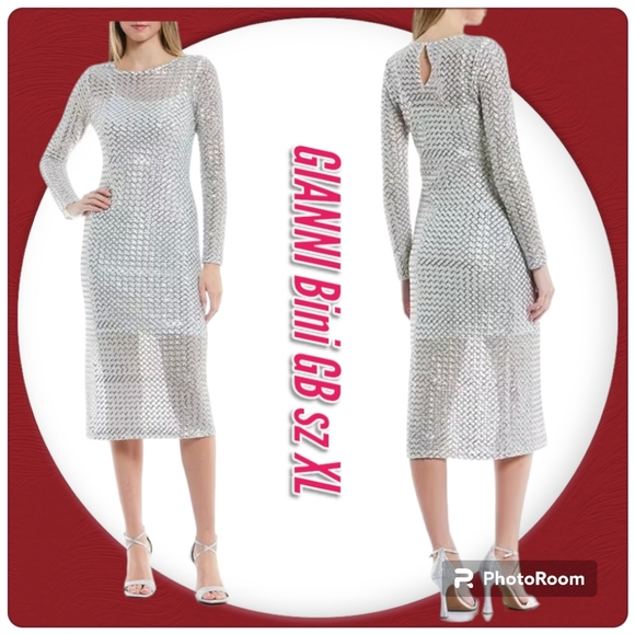 GB Sequin Woman Dress Lattice Long Sleeve Pull Over Holiday New Year Midi - Picture 1 of 11